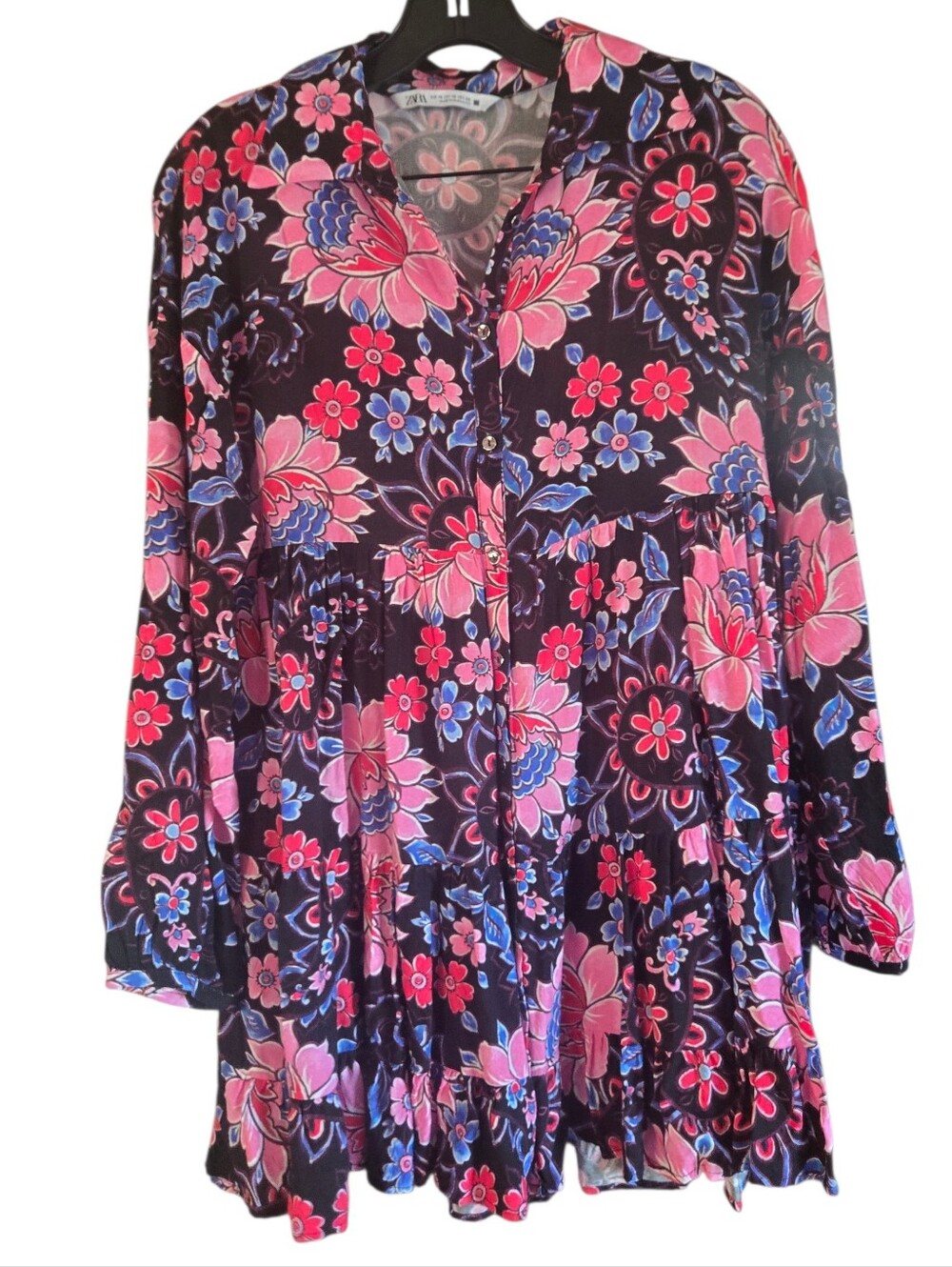 Zara, Floral Tiered Button-Front Dress - Pink & Blue Floral